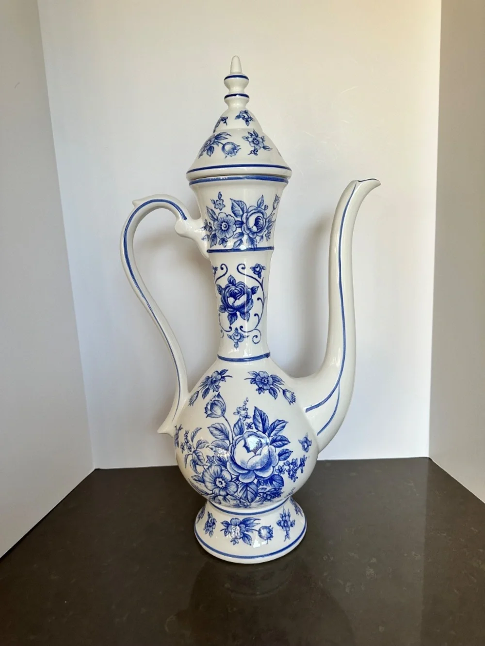 Vintage Norleans Japan Blue & White Floral Tall Teapot/Water Vessel (21 x 11 in)
